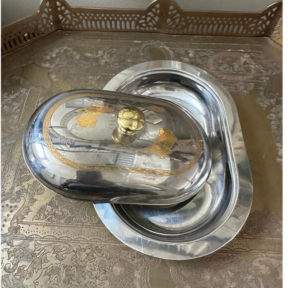 MCM Stainless Steel Lidded Butter Dish caviar cake tray set gold floral fasix - Picture 13 of 16